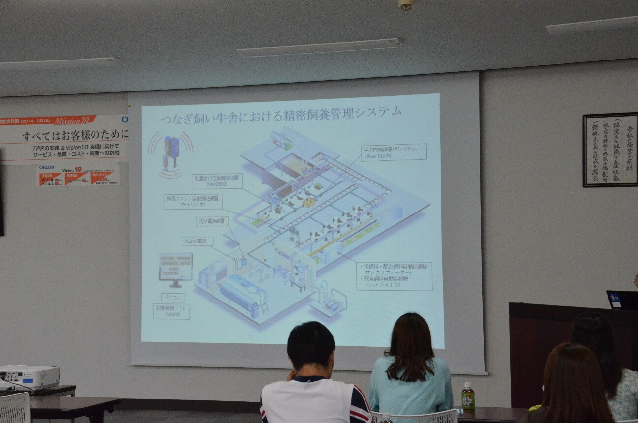 オリオン機械様が行っている事について話を伺っている学生達